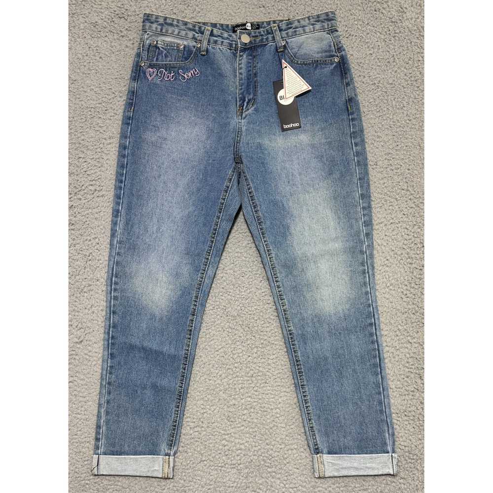 NEW Boohoo Blue Jeans Embroidered "not sorry" "whatever" Blue Jeans Womens 8